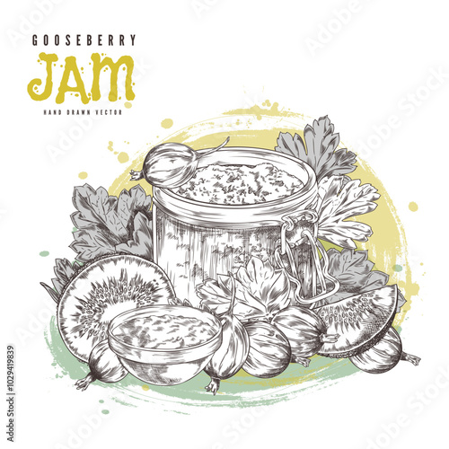 Vector illustration with a glass jar of jam made from fresh gooseberry and kiwi berries