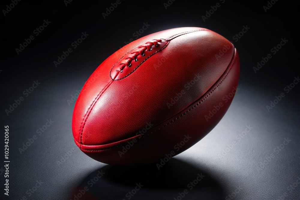 Red Australian rules football on black background with tilted angle Red Australian rules football on black background with tilted angle