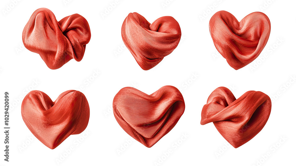 Set of Abstract Red Silk Hearts Displayed on a White Background Generative AI Set of Abstract Red Silk Hearts Displayed on a White Background Generative AI