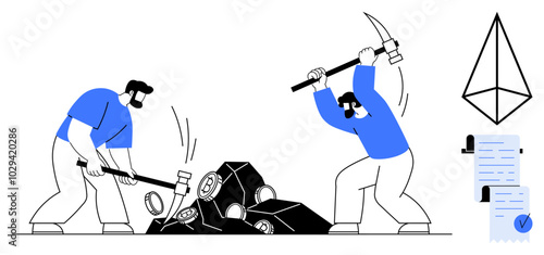 Two workers breaking rocks with tools to extract cryptocurrency. An smart contract symbol above some documents with a seal. Ideal for blockchain technology cryptocurrency mining financial