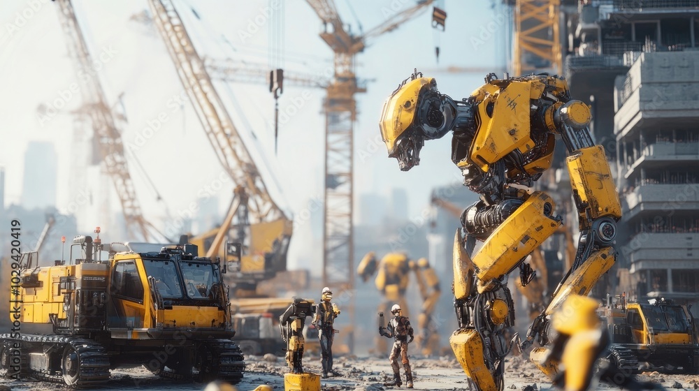 A group of robots collaborating on a construction site with cranes and machinery. A group of robots collaborating on a construction site with cranes and machinery.