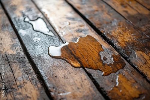 furniture water damage, acceptance of water has caused an antique wooden table to show signs of distress, such as warping and discoloration photo