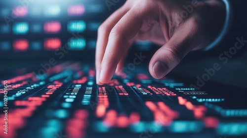 Hand with a virtual stock market display, representing digital trading, selective focus on foreground, copy space for text, ultra HD,