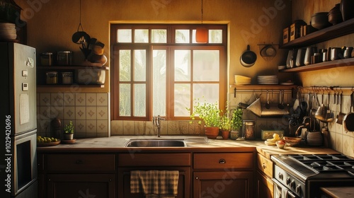 A broad view of a cozy, empty kitchen decorated in the Indian style. Elegant, traditional South Asian home with utensils and a large window that lets light and warmth in throughout spring. Retro Warm