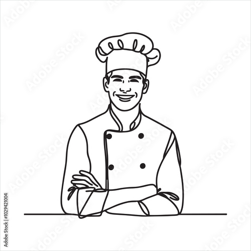 single one line young happy attractive male chef silhouette on white background