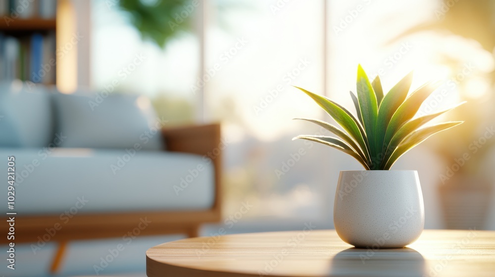 A green plant in a white pot sits on a sunlit wooden table, with a blurred cozy living room in the background, featuring soft lighting and inviting atmosphere. A green plant in a white pot sits on a sunlit wooden table, with a blurred cozy living room in the background, featuring soft lighting and inviting atmosphere.