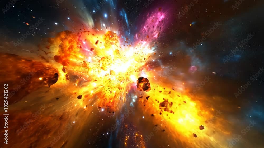 A fiery explosion in space creates a beautiful and chaotic display of light and debris