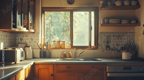A broad view of a cozy, empty kitchen decorated in the Indian style. Elegant, traditional South Asian home with utensils and a large window that lets light and warmth in throughout spring. Retro Warm