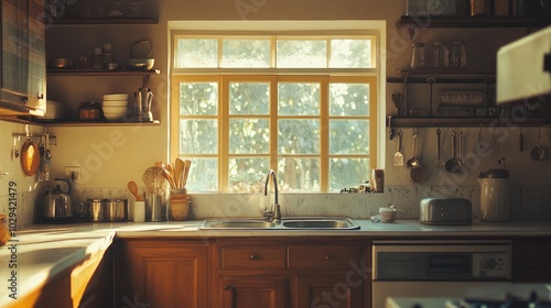 A broad view of a cozy, empty kitchen decorated in the Indian style. Elegant, traditional South Asian home with utensils and a large window that lets light and warmth in throughout spring. Retro Warm
