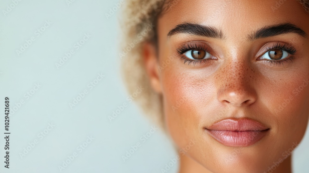 Naklejka premium A close-up portrait of a woman with freckles and a warm, inviting smile, exuding natural beauty and positivity in a minimalist setting.