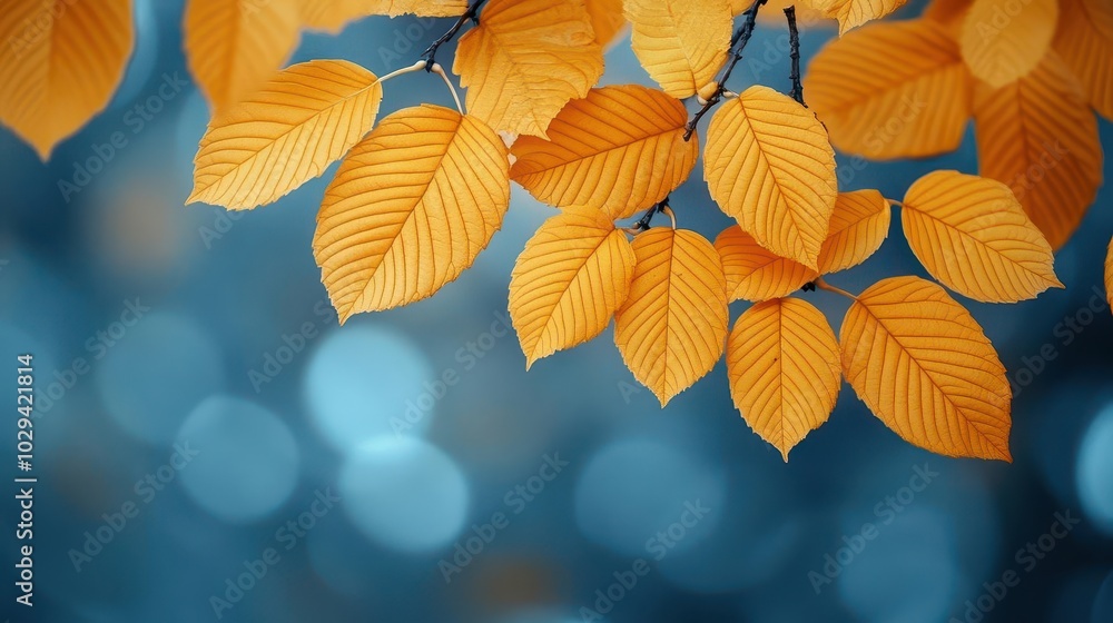 closeup of bright yellow leaves on a tree branch set against a softly blurred white and blue autumn backdrop capturing the essence of fall and natures beauty closeup of bright yellow leaves on a tree branch set against a softly blurred white and blue autumn backdrop capturing the essence of fall and natures beauty