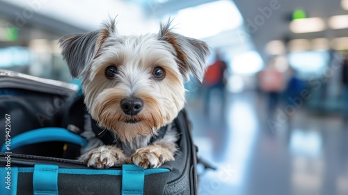 An adorable Yorkshire Terrier eagerly peeks out from a carrier bag, surrounded by the hustle and bustle of an airport, symbolizing travel excitement and loyalty.