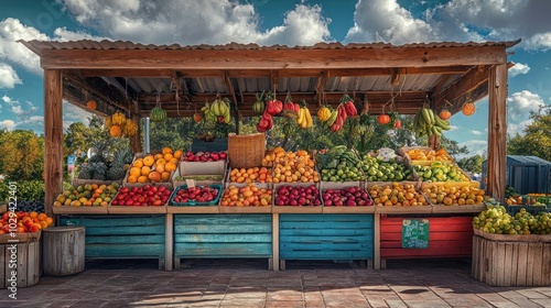 A colorful fruit stand overflowing with fresh produce, under a sunny sky. photo