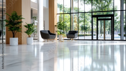 Fototapeta Naklejka Na Ścianę i Meble -  A spacious, naturally-lit lobby with modern armchairs and huge glass windows, providing an elegant view of the outdoors, blending comfort with style.