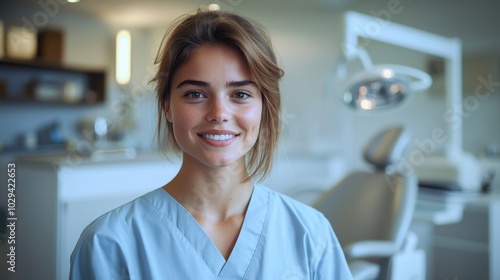 Professional dental assistant in scrubs smiling warmly in a bright clinic setting during working hours