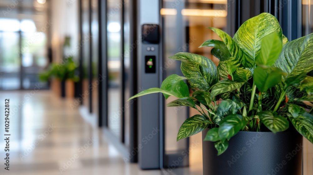A modern office interior featuring vibrant green plants in sleek black planters, with a focus on natural light and minimalistic design elements throughout. A modern office interior featuring vibrant green plants in sleek black planters, with a focus on natural light and minimalistic design elements throughout.