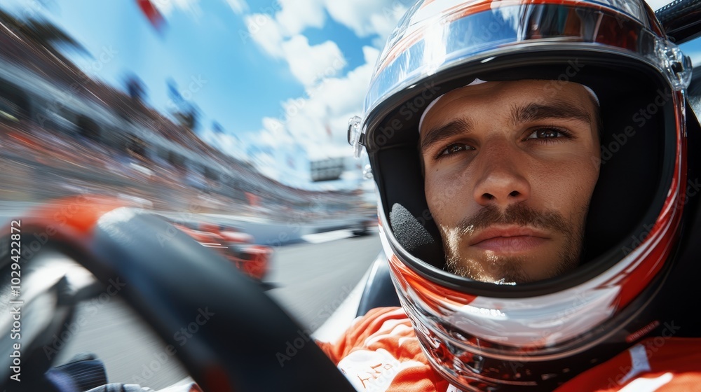 A close-up of a race driver with intense eyes and helmet, skillfully maneuvering a high-speed race car, embodying concentration and competitive spirit on the track. A close-up of a race driver with intense eyes and helmet, skillfully maneuvering a high-speed race car, embodying concentration and competitive spirit on the track.