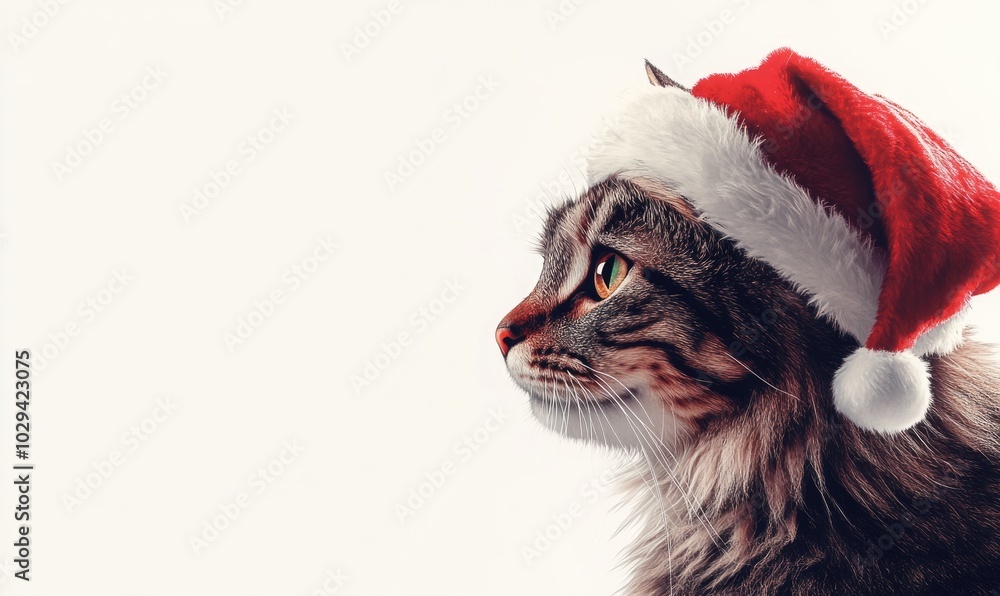 a cat in a Santa hat, white background, empty space on the left a cat in a Santa hat, white background, empty space on the left