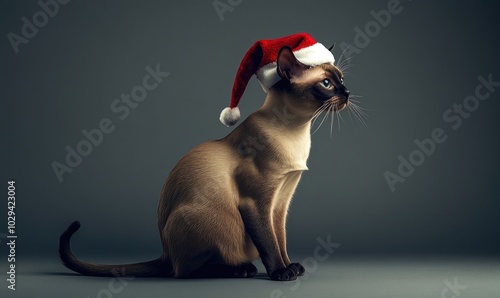 a Burmese cat wearing a Santa hat, gray background photo