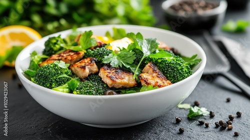 A delicious chicken and broccoli dish served in a white bowl, garnished with fresh herbs, ready to be savored, with black pepper and green parsley visible around. photo