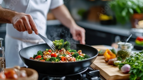 A focused chef actively prepares a savory broccoli stir-fry in a steaming pan, highlighting the culinary expertise and rich, colorful ingredients used in the kitchen setting.