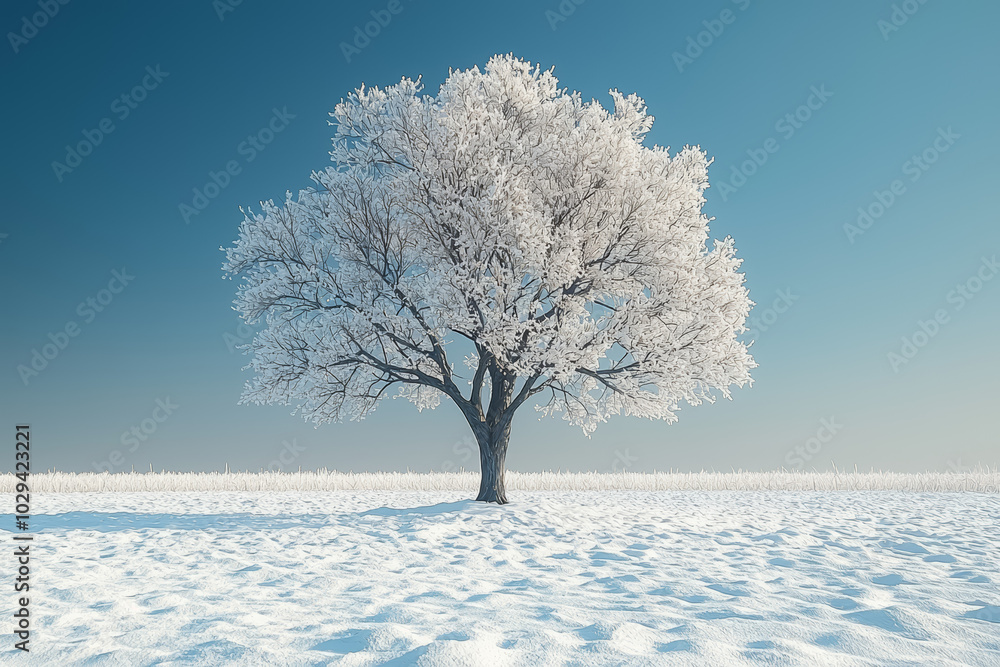 A bare tree standing in a field of snow, representing resilience and survival. Concept of minimalism. A bare tree standing in a field of snow, representing resilience and survival. Concept of minimalism.