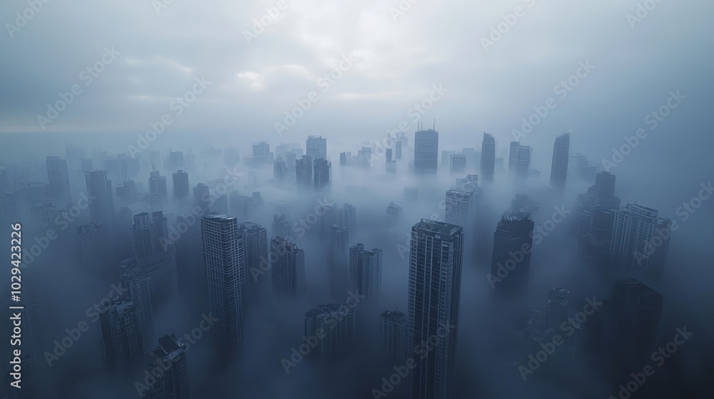 Eerie Dystopian Cityscape Aerial View with Smog and Cinematic Lighting Eerie Dystopian Cityscape Aerial View with Smog and Cinematic Lighting