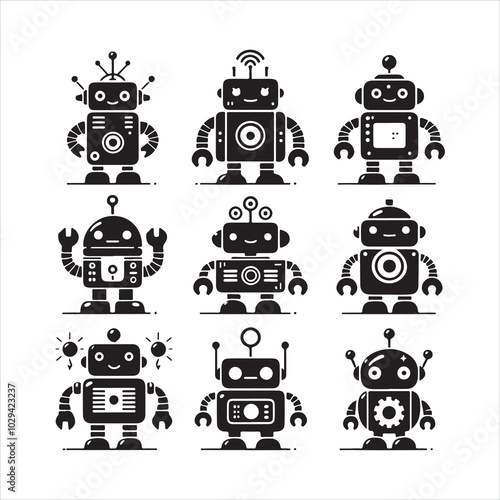 Cute cartoon robots silhouette on white background

