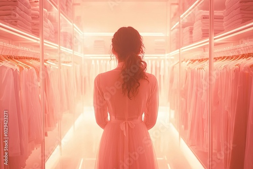 Woman in white dress standing in a pink lit walk in closet photo