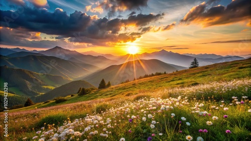 Fototapeta Naklejka Na Ścianę i Meble -  Minimalist sunset over mountains with flowers field, romantic atmosphere