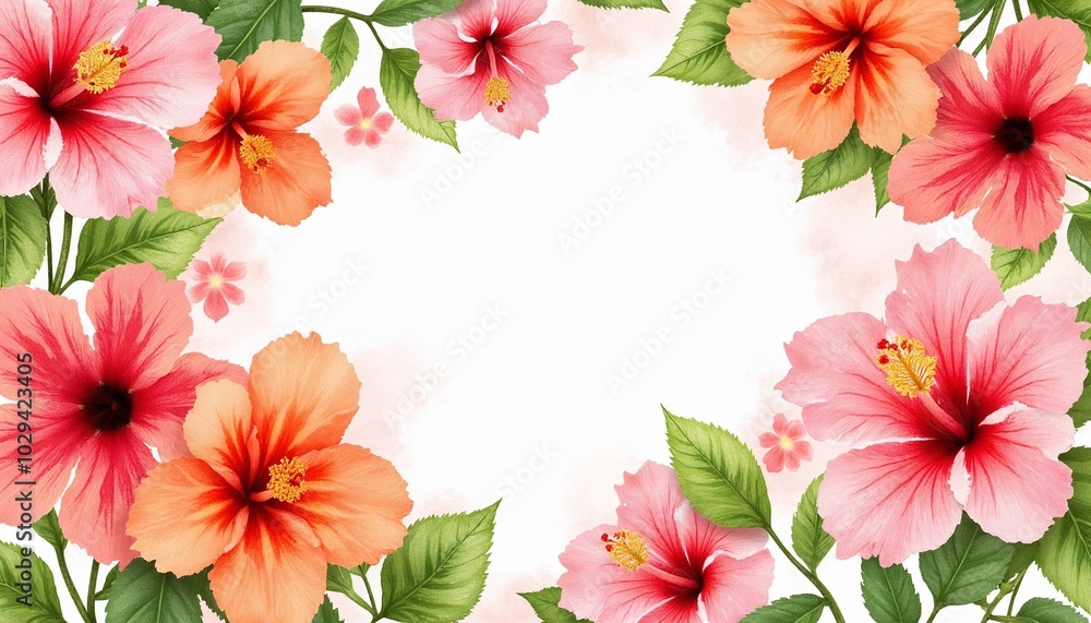 Obraz premium Colorful hibiscus flowers in watercolor style with empty space for text