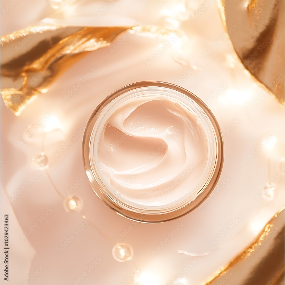 A natural face mask jar, surrounded by soft, champagne-toned lighting and free-flowing lines, cute cartoonish design A natural face mask jar, surrounded by soft, champagne-toned lighting and free-flowing lines, cute cartoonish design