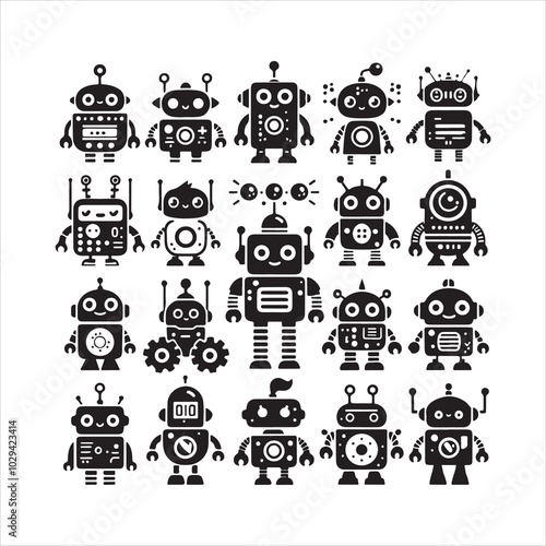 Cute cartoon robots silhouette on white background
