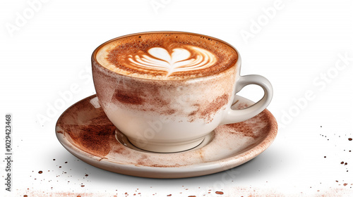 Rustic Cup of Cappuccino with Heart Latte Art on White Background with Copy Space photo