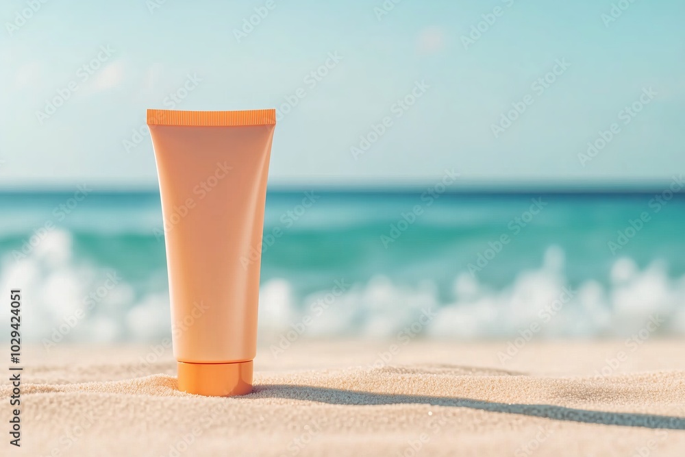 tube of sunscreen standing on a sandy beach with gentle waves crashing in the background, the sunlight casting a warm glow on the product tube of sunscreen standing on a sandy beach with gentle waves crashing in the background, the sunlight casting a warm glow on the product