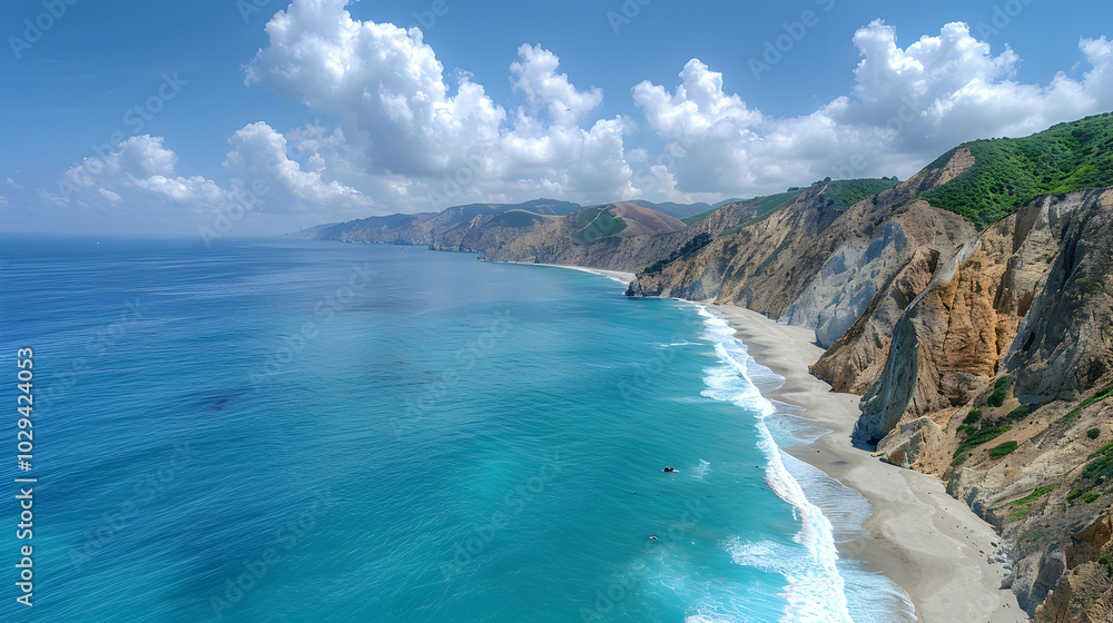 A rugged coastline with waves crashing against the rocks below A rugged coastline with waves crashing against the rocks below