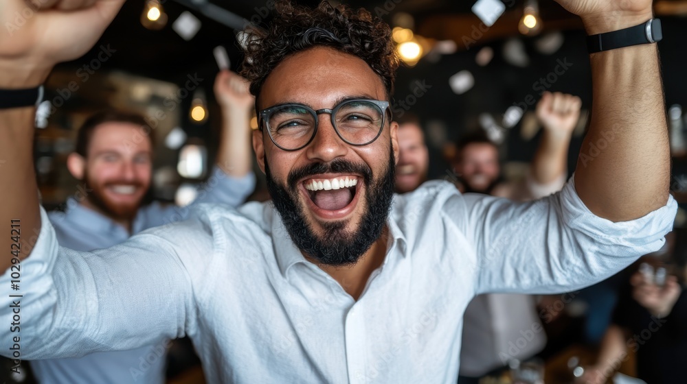 A jubilant young man in glasses, dressed in a white shirt, raises his arms in celebration amidst a backdrop of joyful people and falling confetti. A jubilant young man in glasses, dressed in a white shirt, raises his arms in celebration amidst a backdrop of joyful people and falling confetti.