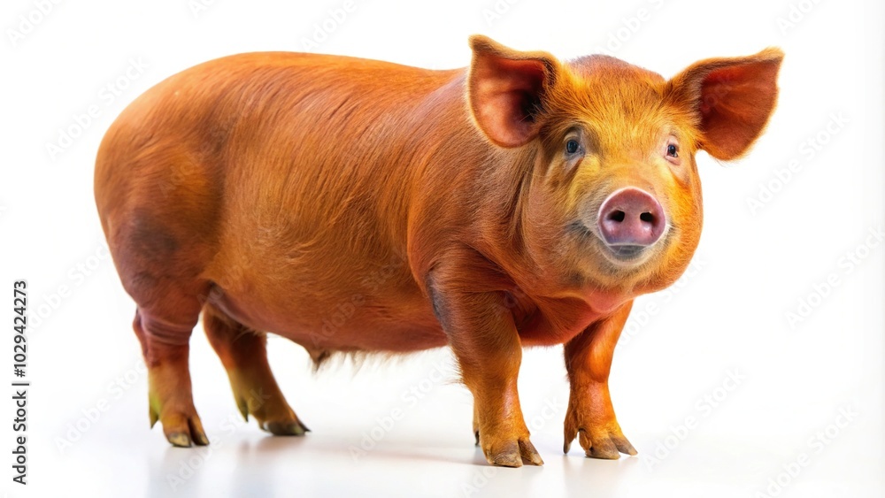 Red-haired Duroc pig posing in studio, isolated on white background Red-haired Duroc pig posing in studio, isolated on white background