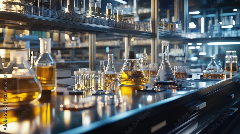 A neatly arranged chemistry lab with glass beakers and advanced diagnostic equipment. A neatly arranged chemistry lab with glass beakers and advanced diagnostic equipment.