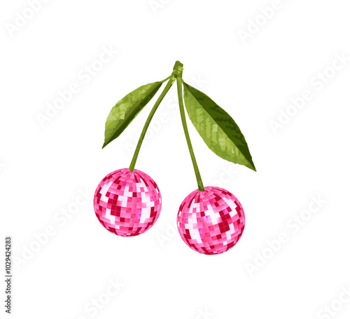 cherries with pink disco balls, vector for fashion, card, poster designs