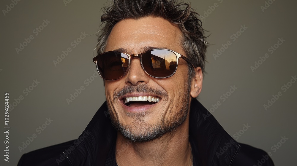 Handsome man wearing sunglasses and a stylish jacket smiling confidently against a neutral background Handsome man wearing sunglasses and a stylish jacket smiling confidently against a neutral background