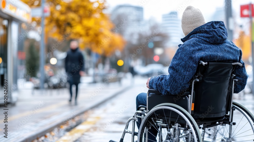 An individual in a wheelchair waits at a tram stop, surrounded by autumn foliage, representing accessibility and independence in urban public transport systems. An individual in a wheelchair waits at a tram stop, surrounded by autumn foliage, representing accessibility and independence in urban public transport systems.