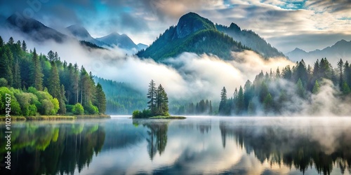 misty mountain landscape with forest and lake during morning