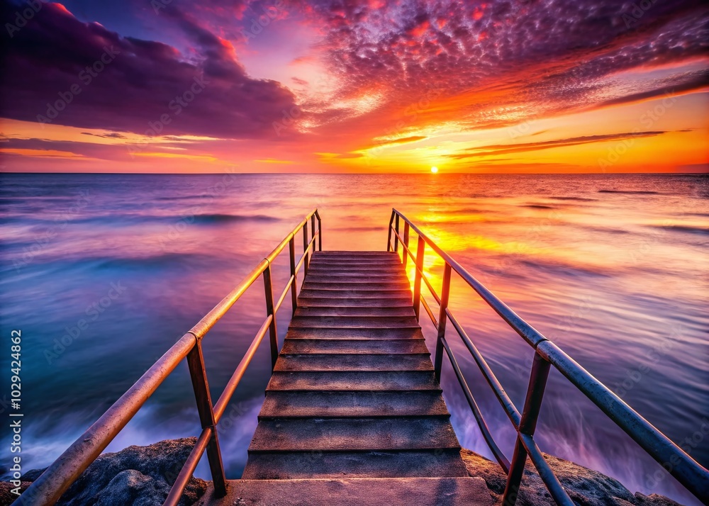 Fototapeta premium Long Exposure of Bsum Steps into the Sea at Sunset for Stunning Coastal Photography