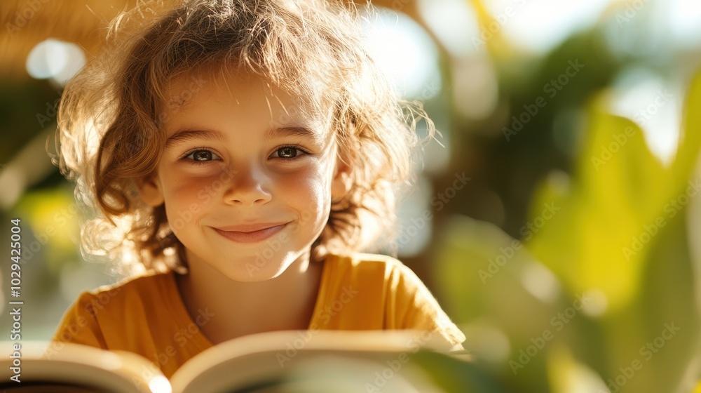 In a lush garden, a cheerful young girl is seen reading a book, enveloped by sunlight and expressing joy and curiosity through her innocent smile.