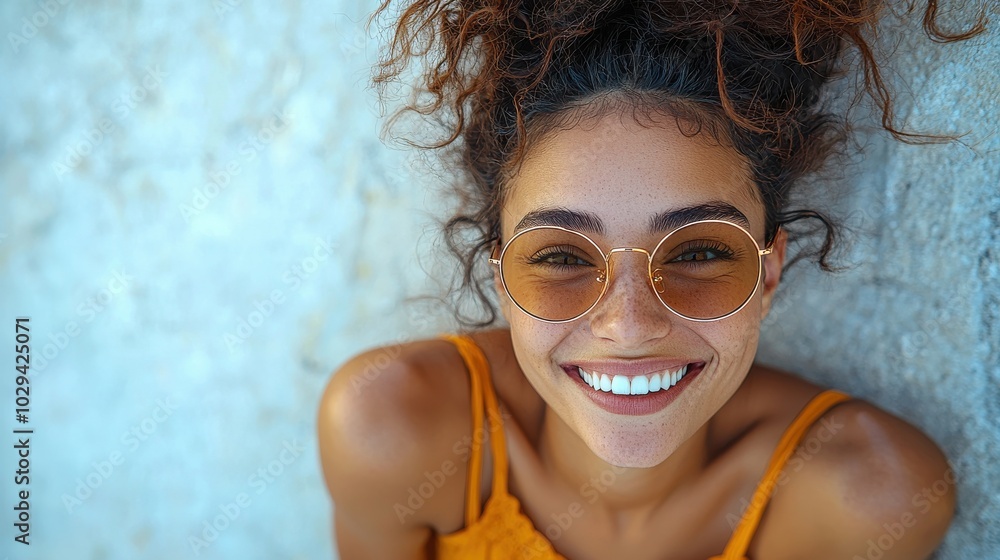 Young woman with curly hair smiling brightly while wearing sunglasses and a summer dress against a textured wall outdoors Young woman with curly hair smiling brightly while wearing sunglasses and a summer dress against a textured wall outdoors