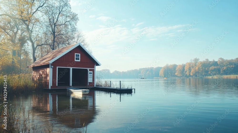 A picturesque lake with a quaint boathouse and paddle boats under a clear blue sky. A picturesque lake with a quaint boathouse and paddle boats under a clear blue sky.