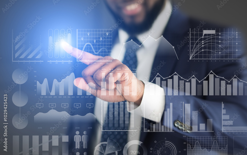 © Prostock-studio - Modern technology. Businessman choosing with finger analytic diagram with data on transparent screen