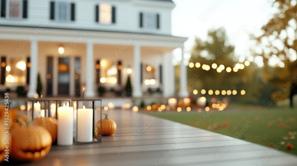 A picturesque farmhouse with white pillars features candlelit decorations and pumpkins adorning its wooden porch, exuding warmth and hospitality in the fall. A picturesque farmhouse with white pillars features candlelit decorations and pumpkins adorning its wooden porch, exuding warmth and hospitality in the fall.