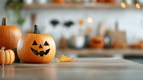 A carved jack-o'-lantern takes the spotlight on a wooden table in a cozy kitchen, surrounded by smaller pumpkins and autumn decor highlighting festive ambiance. photo